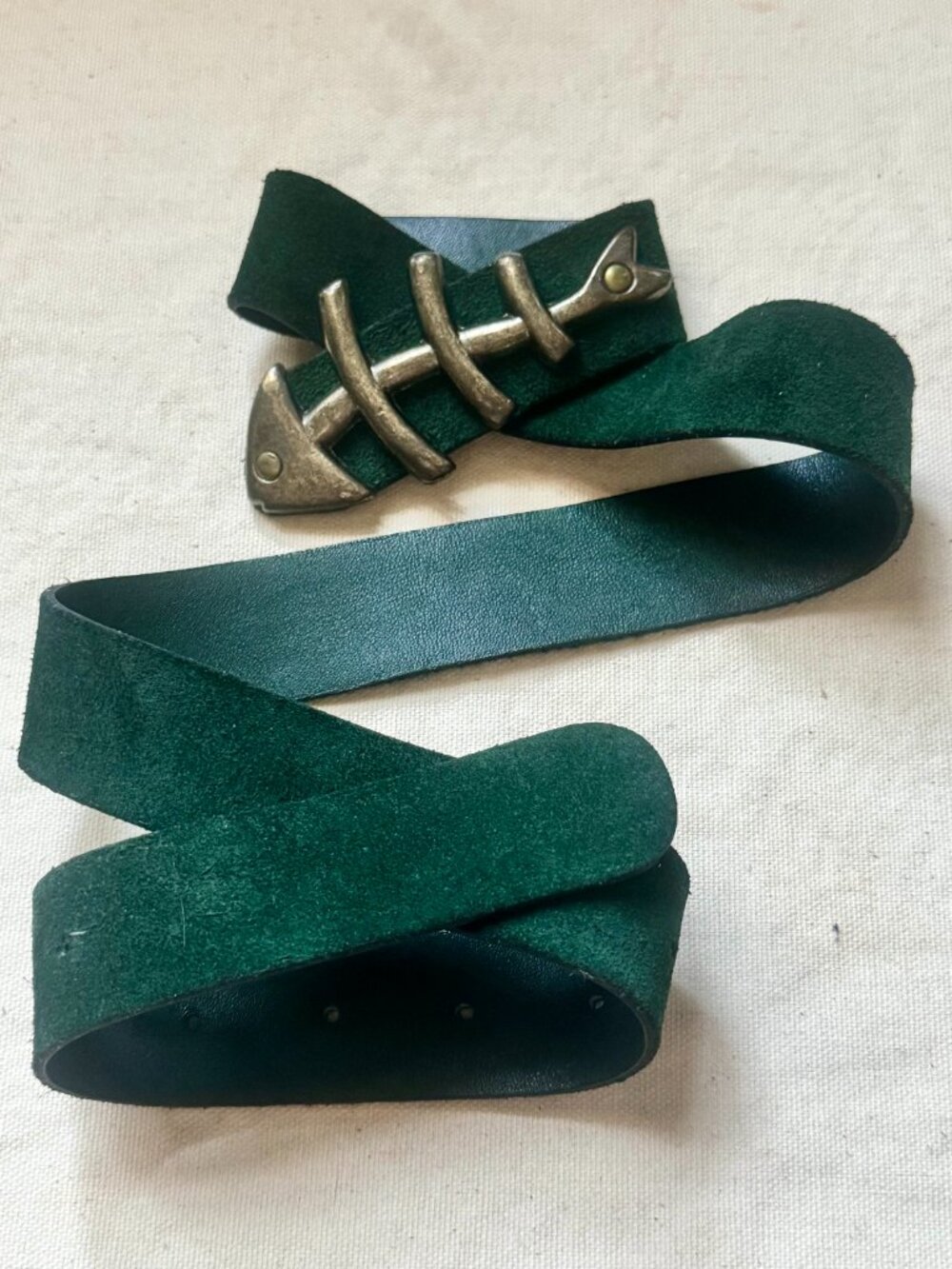 Vintage Handmade Green Leather Suede Belt with Fishbone Buckle